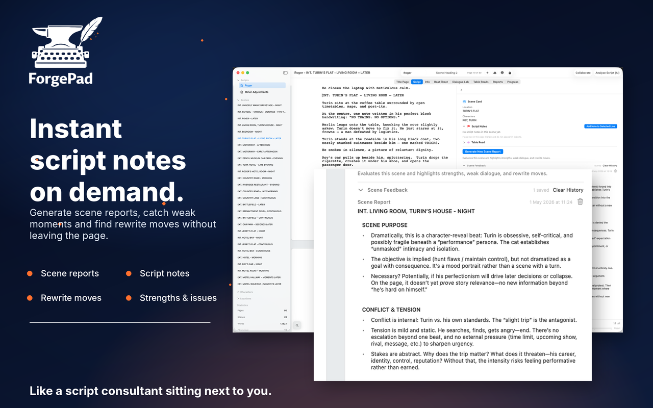 ForgePad scene report with script notes and rewrite guidance