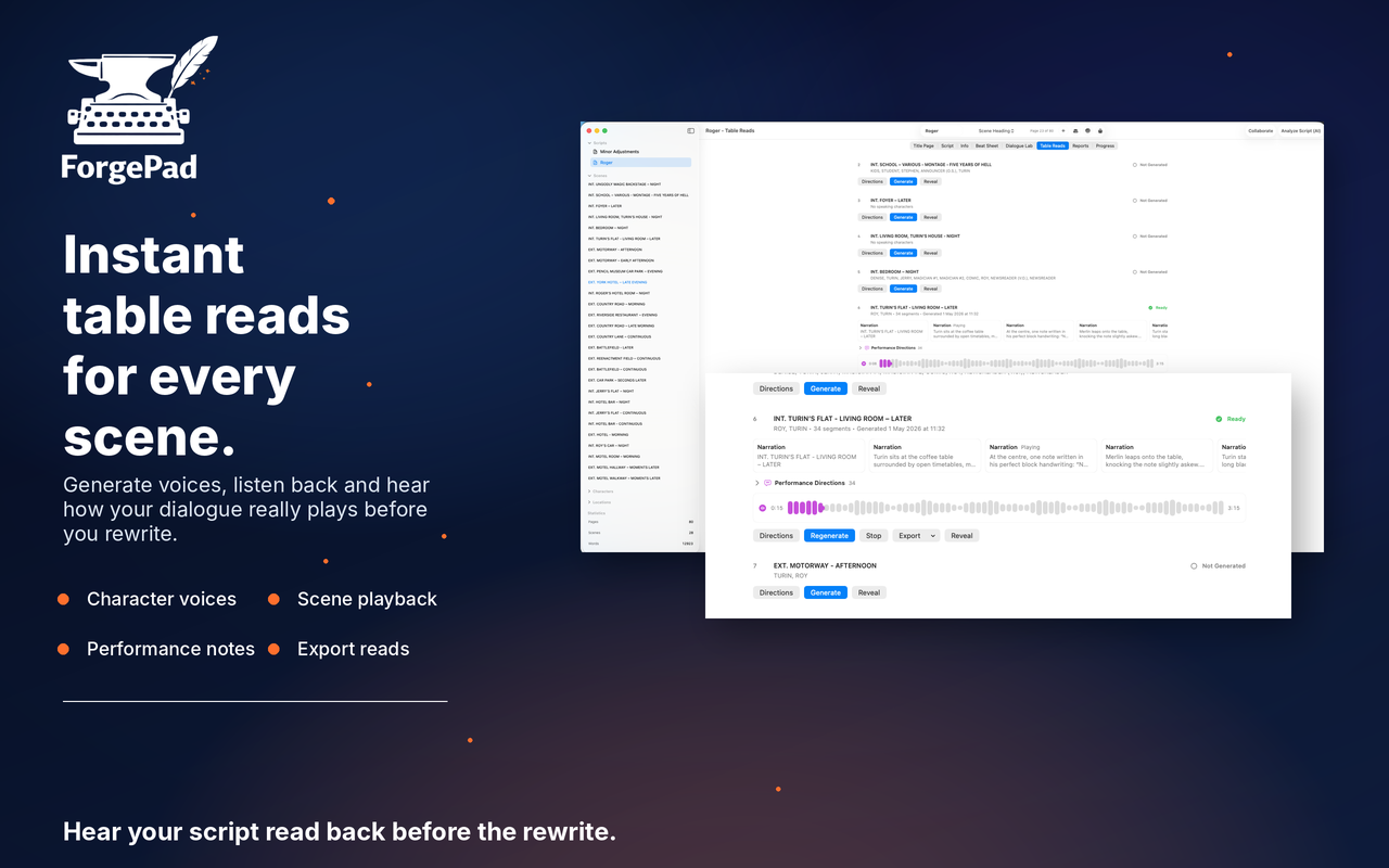 ForgePad table read screen with generated voices and playback