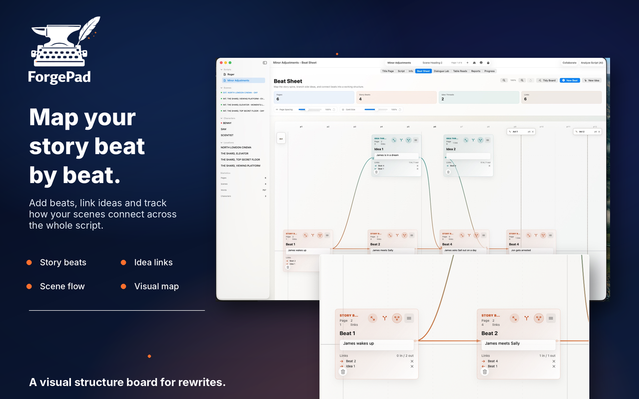 ForgePad beat sheet showing linked story beats across the script